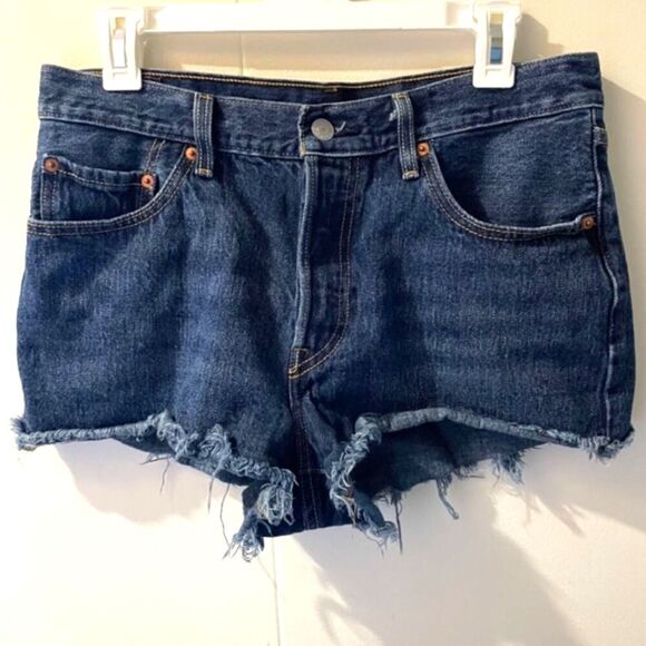 Dark Blue Denim Jean Shorts Cut Offs 29W Original Levi's Womens Fray high Waist - Picture 1 of 10